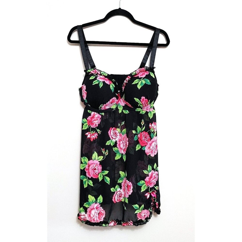 Morgan Taylor Intimates 1XL Black Flowers Floral Chemise Nightgown